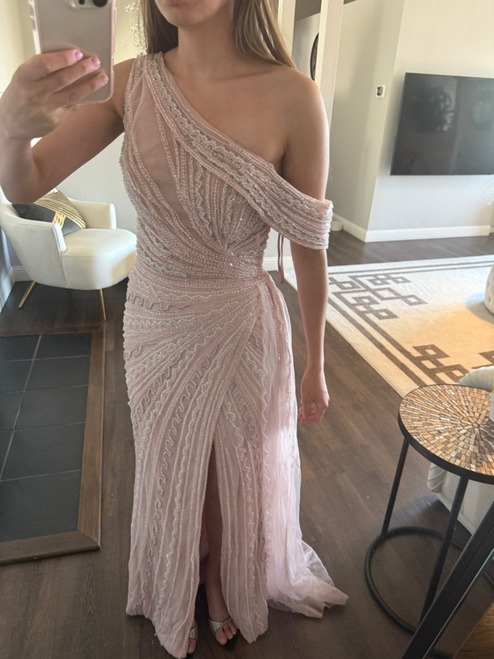One-Shoulder Blush Pink Evening Gown